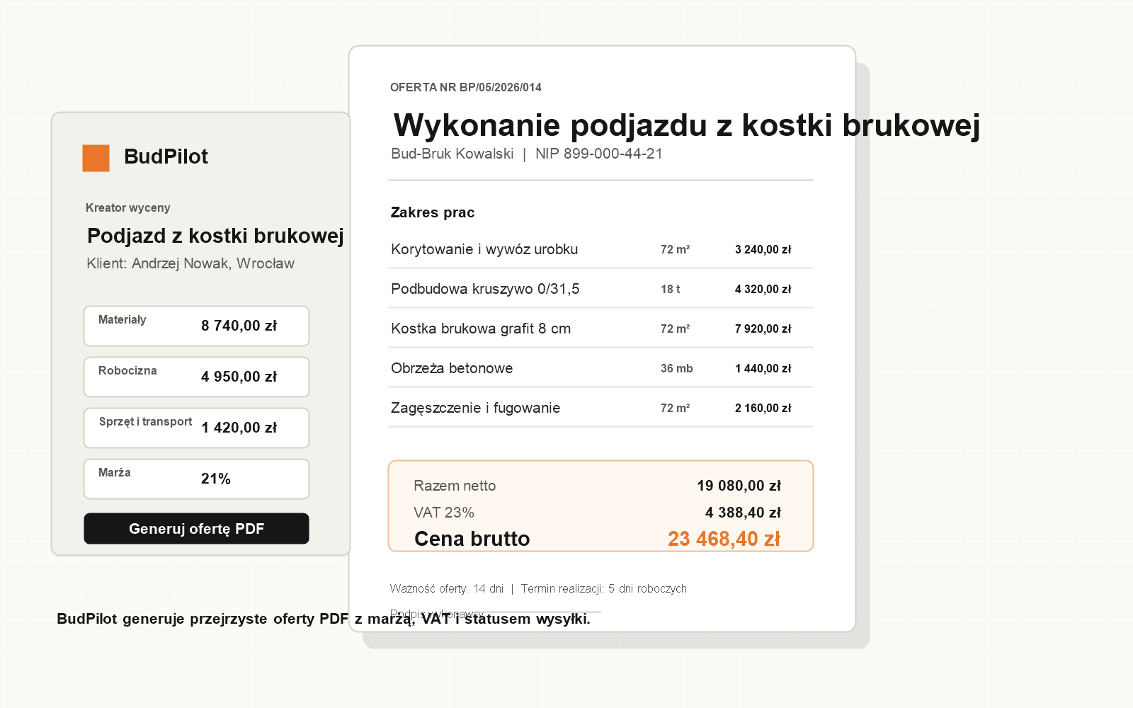 Podgląd kreatora wyceny i oferty PDF w BudPilot